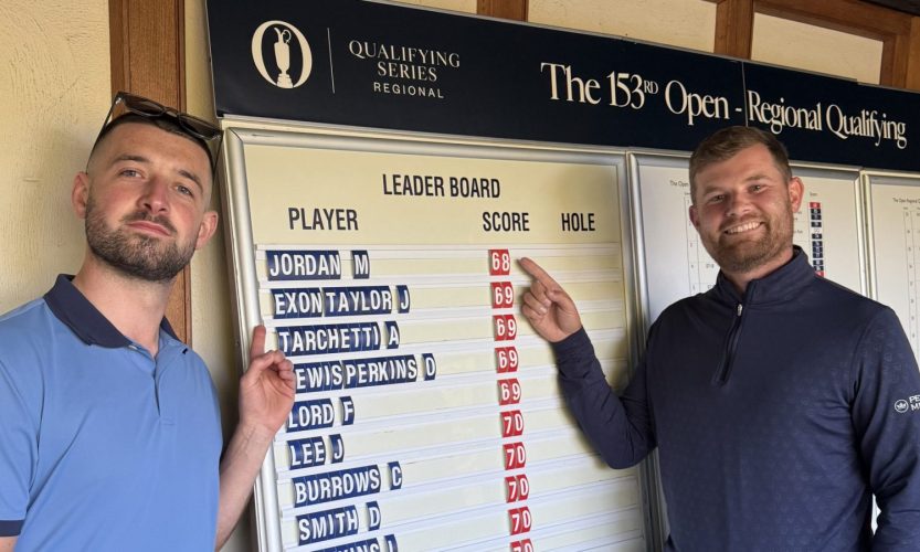 Two Wisley pros point at the leaderboard for Regional Open Qualifying showing they're in first and second place